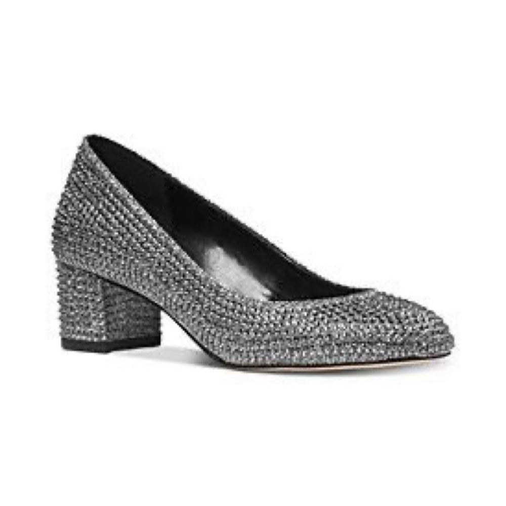 Michael Kors Arabella Silver Rhinestone Studded Kitten Heel Pumps
